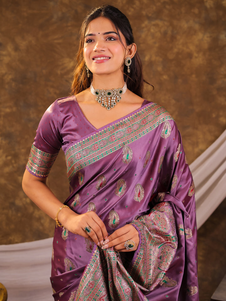 Lavender Purple Kanjivaram Banarasi Satin Silk Saree with Antique Silver Zari Weaving, Heritage Pallu & Tassel Detailing