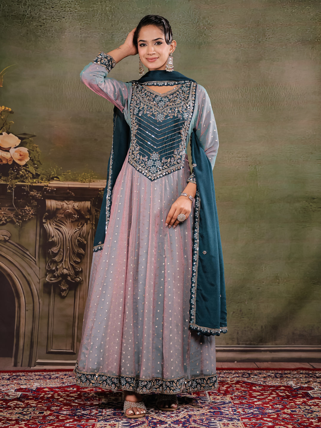 Dusty Lavender & Teal Blue Embroidered Anarkali Suit Set with Matching Dupatta