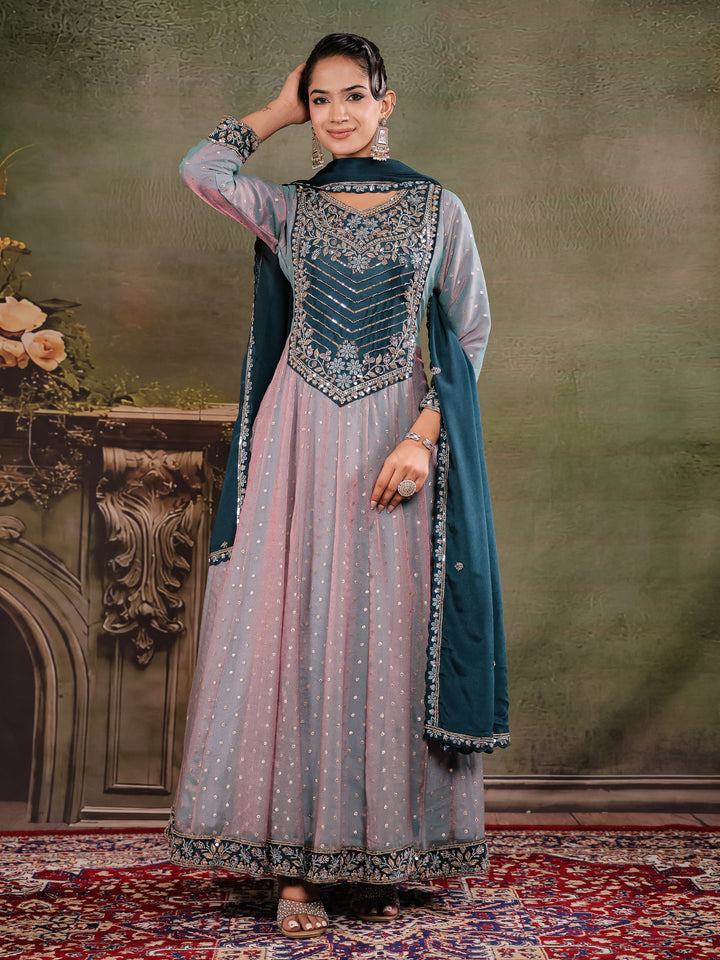 Dusty Lavender & Teal Blue Embroidered Anarkali Suit Set with Matching Dupatta