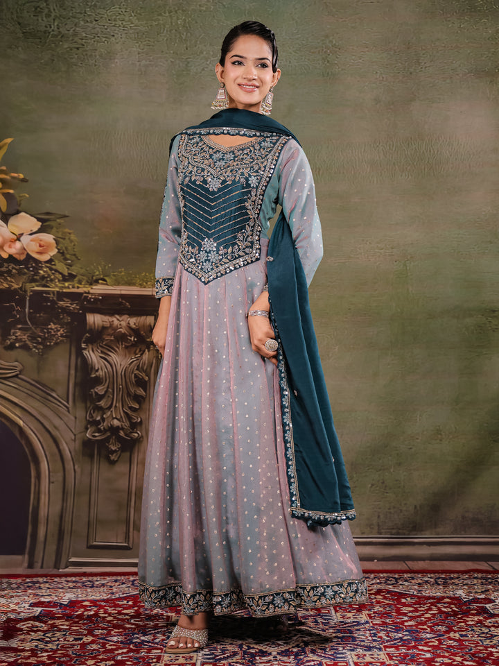 Dusty Lavender & Teal Blue Embroidered Anarkali Suit Set with Matching Dupatta