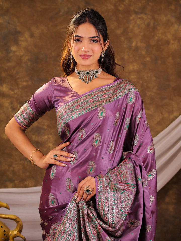 Lavender Purple Kanjivaram Banarasi Satin Silk Saree with Antique Silver Zari Weaving, Heritage Pallu & Tassel Detailing
