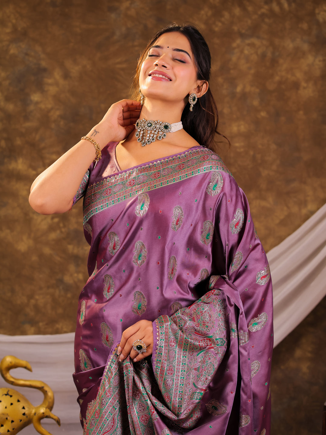 Lavender Purple Kanjivaram Banarasi Satin Silk Saree with Antique Silver Zari Weaving, Heritage Pallu & Tassel Detailing