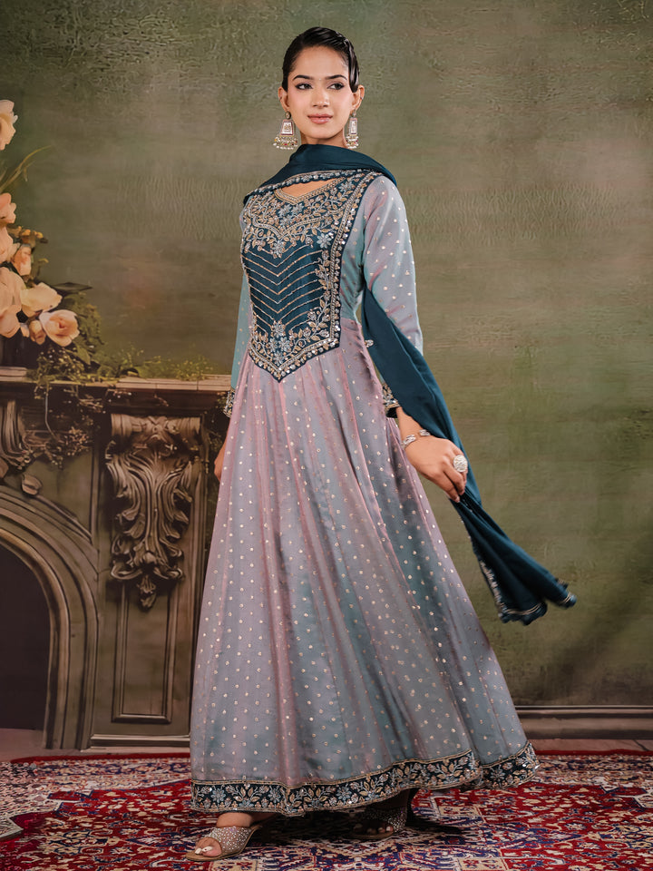 Dusty Lavender & Teal Blue Embroidered Anarkali Suit Set with Matching Dupatta