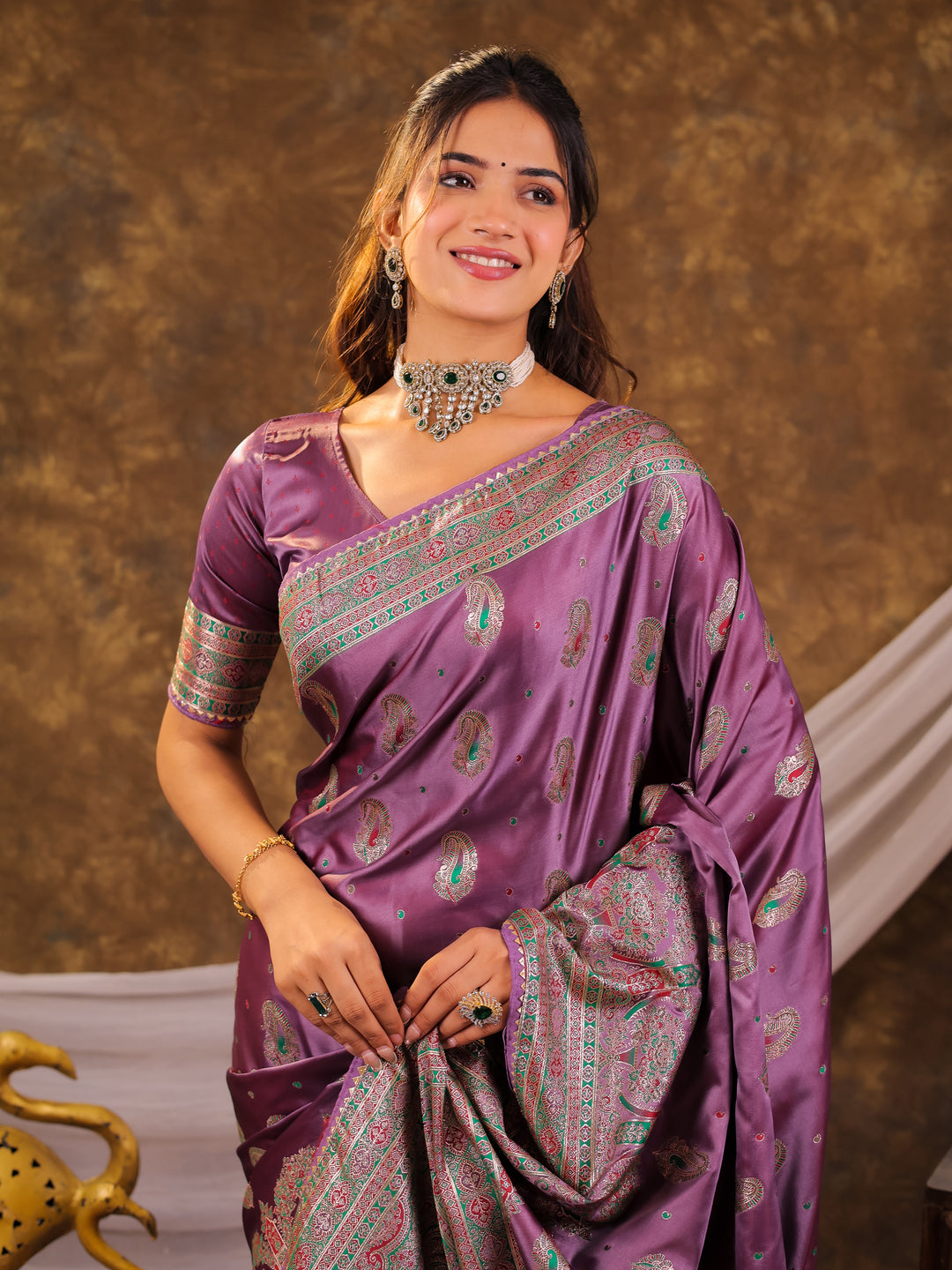 Lavender Purple Kanjivaram Banarasi Satin Silk Saree with Antique Silver Zari Weaving, Heritage Pallu & Tassel Detailing