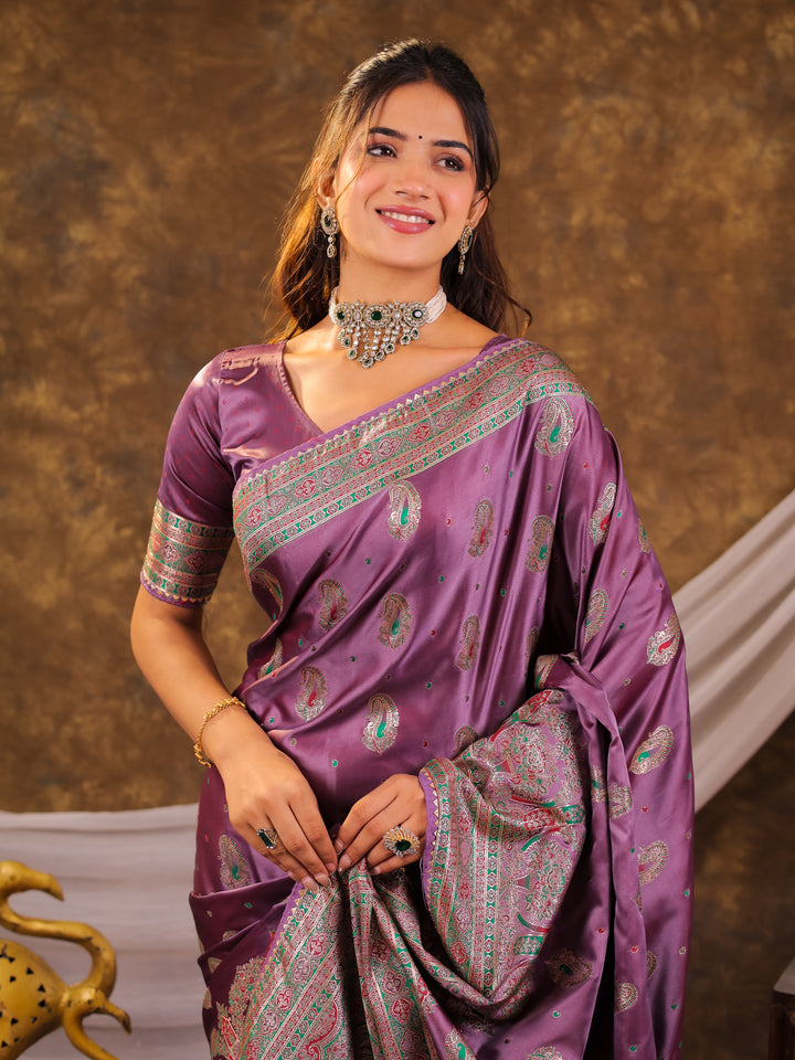 Lavender Purple Kanjivaram Banarasi Satin Silk Saree with Antique Silver Zari Weaving, Heritage Pallu & Tassel Detailing