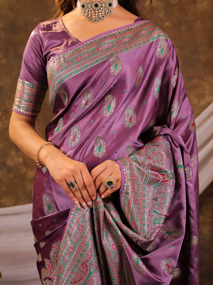 Lavender Purple Kanjivaram Banarasi Satin Silk Saree with Antique Silver Zari Weaving, Heritage Pallu & Tassel Detailing