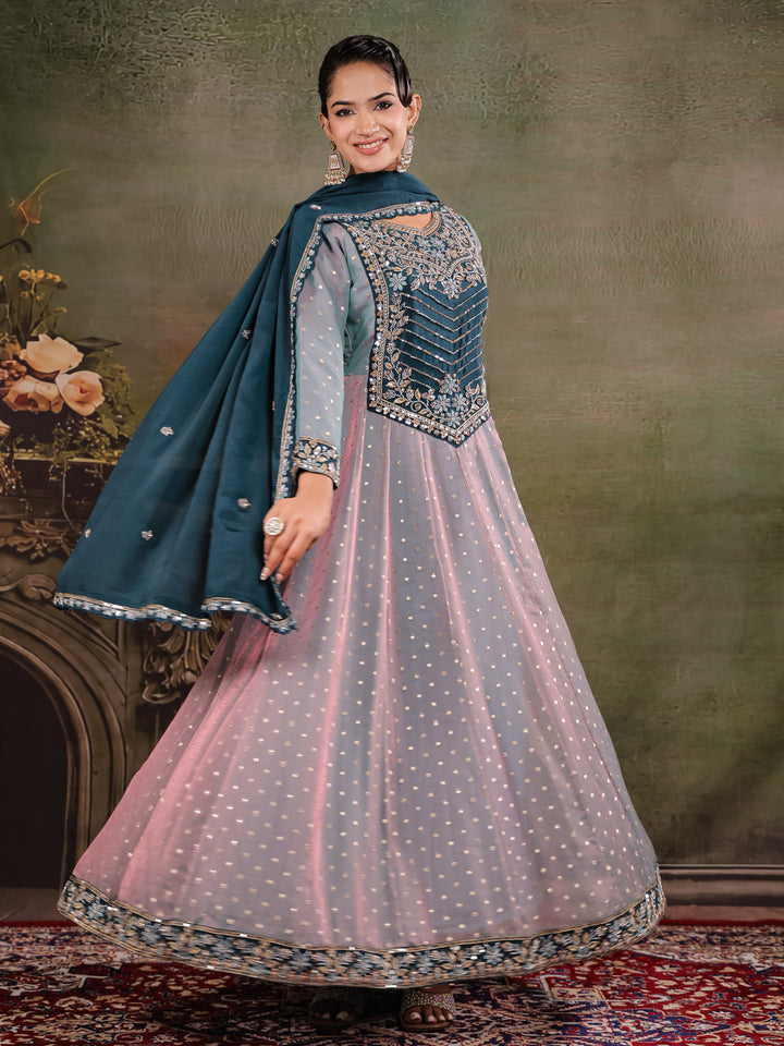 Dusty Lavender & Teal Blue Embroidered Anarkali Suit Set with Matching Dupatta
