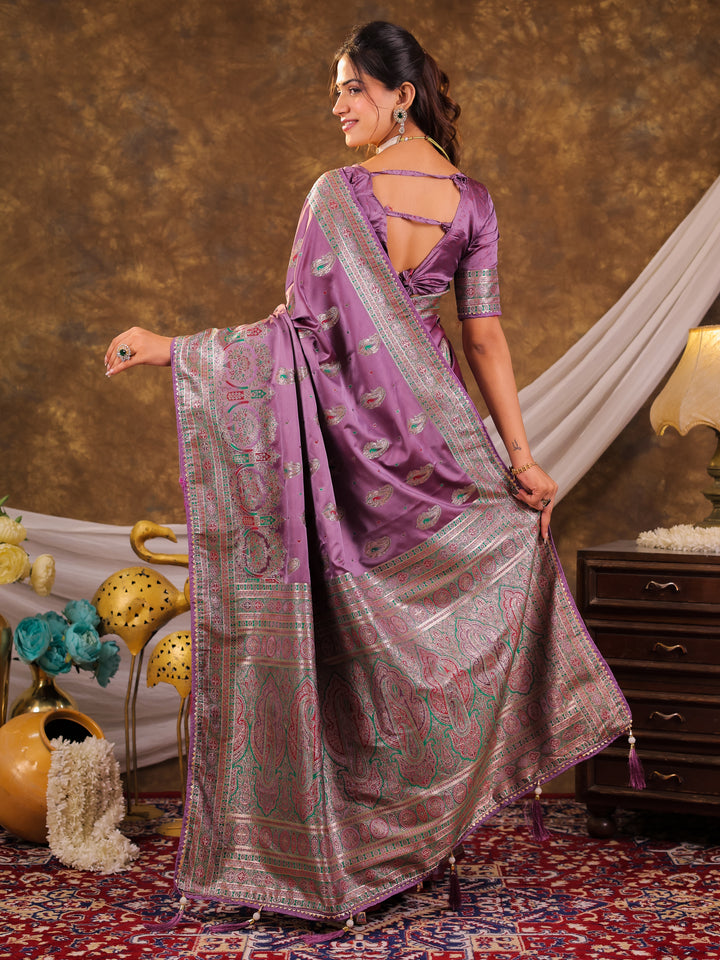 Lavender Purple Kanjivaram Banarasi Satin Silk Saree with Antique Silver Zari Weaving, Heritage Pallu & Tassel Detailing