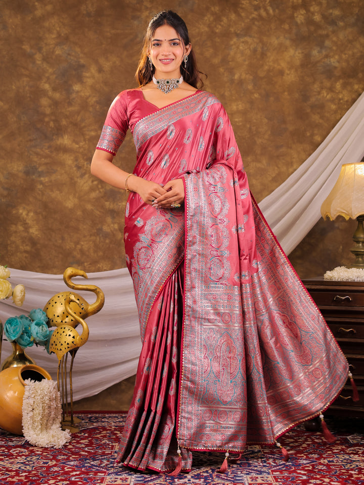Rose Pink Kanjivaram Banarasi Satin Silk Saree with Antique Silver Zari Weaving, Heritage Pallu & Tassel Detailing