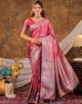 Rose Pink Kanjivaram Banarasi Satin Silk Saree with Antique Silver Zari Weaving, Heritage Pallu & Tassel Detailing