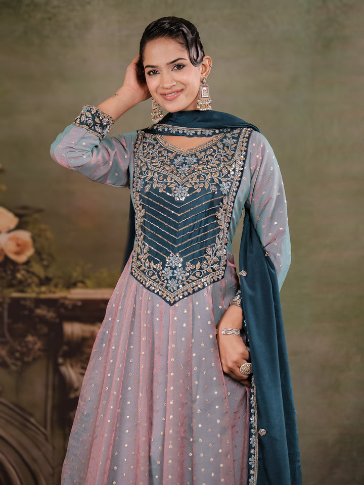 Dusty Lavender & Teal Blue Embroidered Anarkali Suit Set with Matching Dupatta