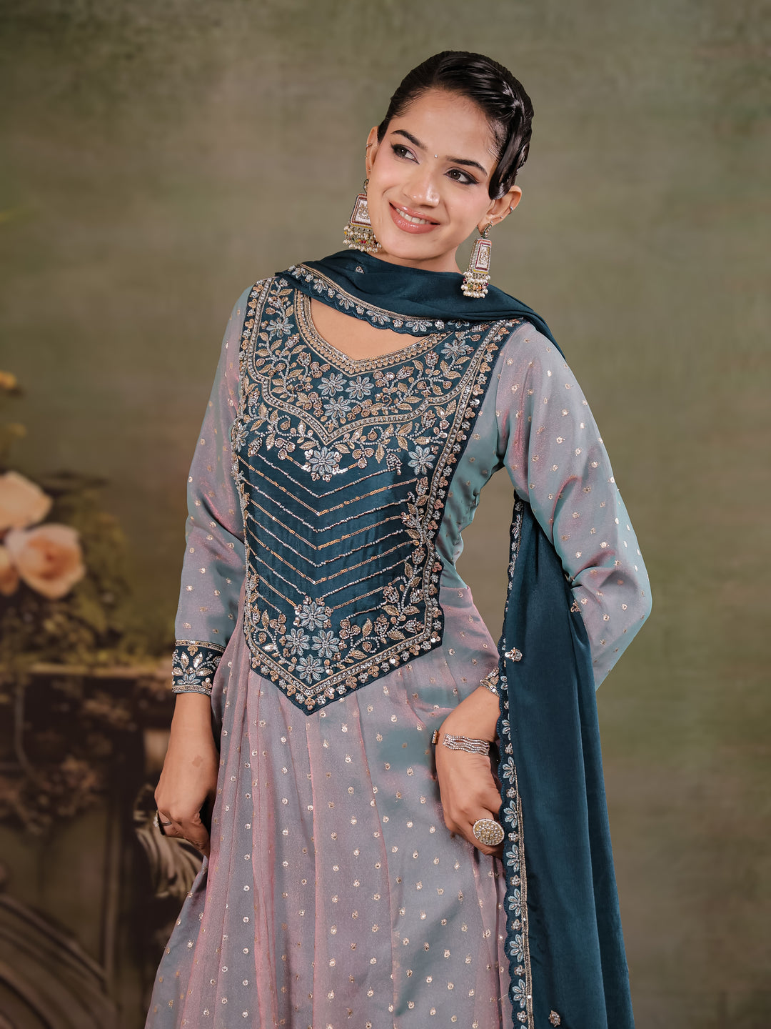 Dusty Lavender & Teal Blue Embroidered Anarkali Suit Set with Matching Dupatta