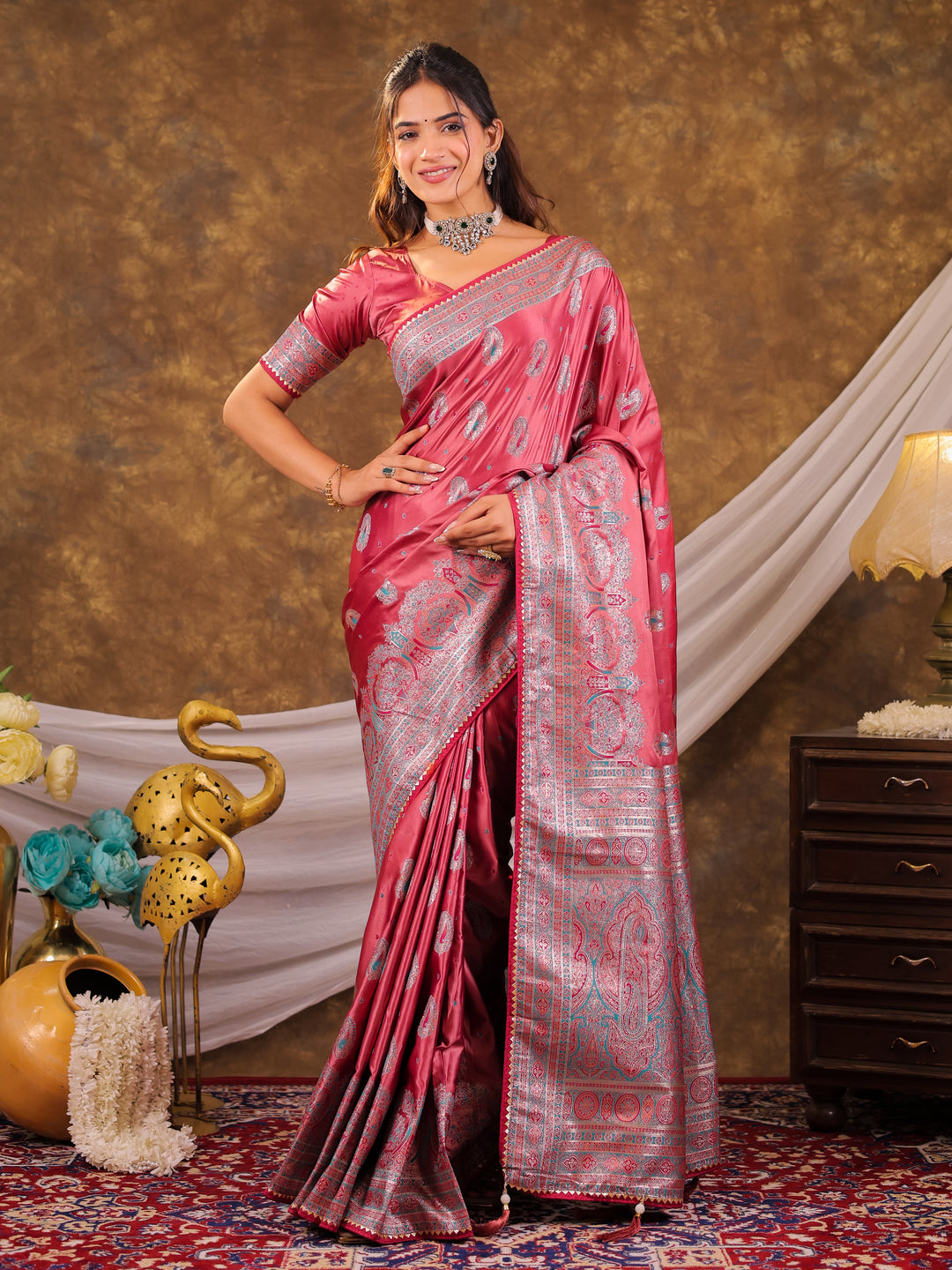 Rose Pink Kanjivaram Banarasi Satin Silk Saree with Antique Silver Zari Weaving, Heritage Pallu & Tassel Detailing