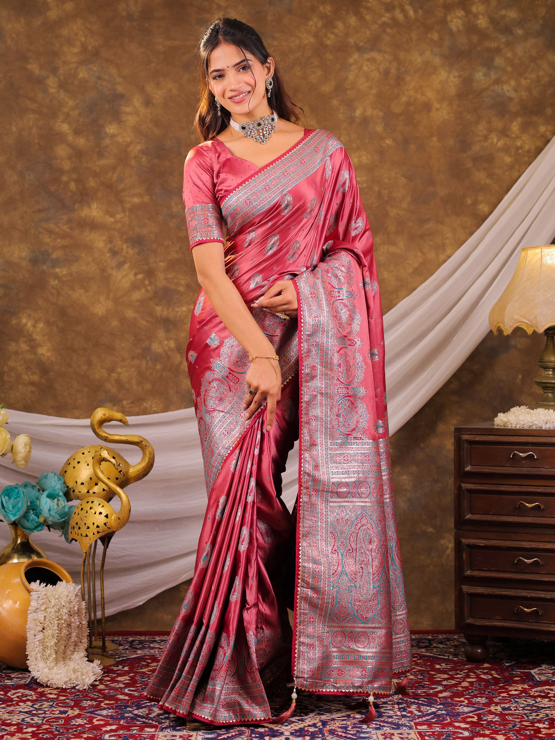 Rose Pink Kanjivaram Banarasi Satin Silk Saree with Antique Silver Zari Weaving, Heritage Pallu & Tassel Detailing