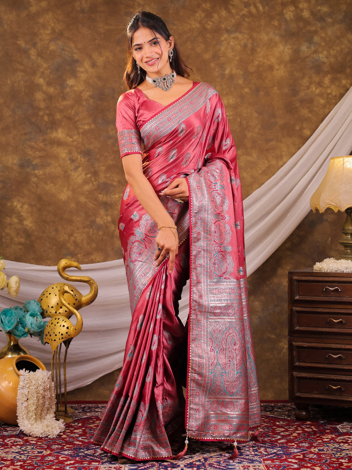 Rose Pink Kanjivaram Banarasi Satin Silk Saree with Antique Silver Zari Weaving, Heritage Pallu & Tassel Detailing