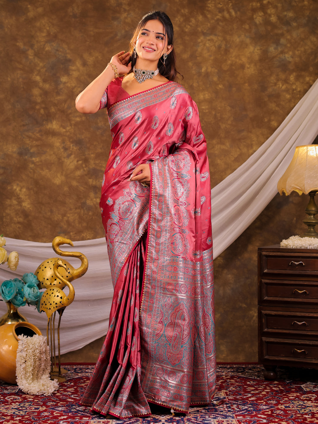 Rose Pink Kanjivaram Banarasi Satin Silk Saree with Antique Silver Zari Weaving, Heritage Pallu & Tassel Detailing