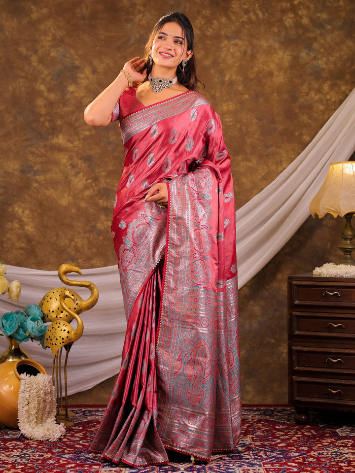 Rose Pink Kanjivaram Banarasi Satin Silk Saree with Antique Silver Zari Weaving, Heritage Pallu & Tassel Detailing