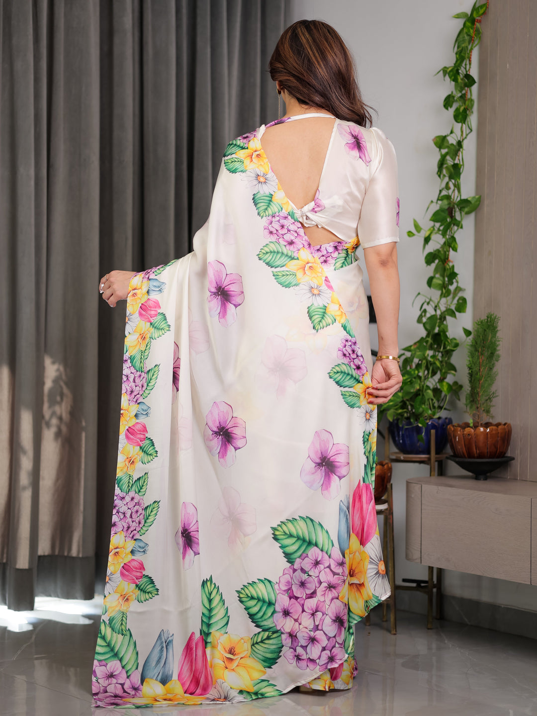 Ivory White Floral Garden Print Satin Georgette Saree with Multicolor Tropical Flowers & Designer Attached Blouse