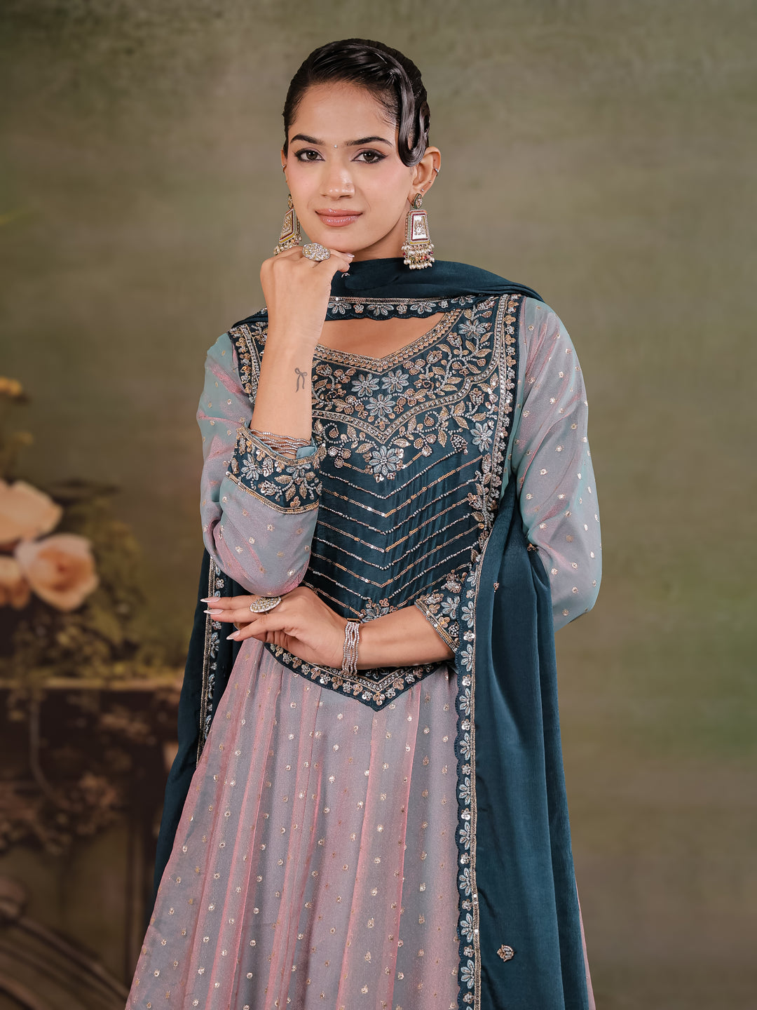 Dusty Lavender & Teal Blue Embroidered Anarkali Suit Set with Matching Dupatta