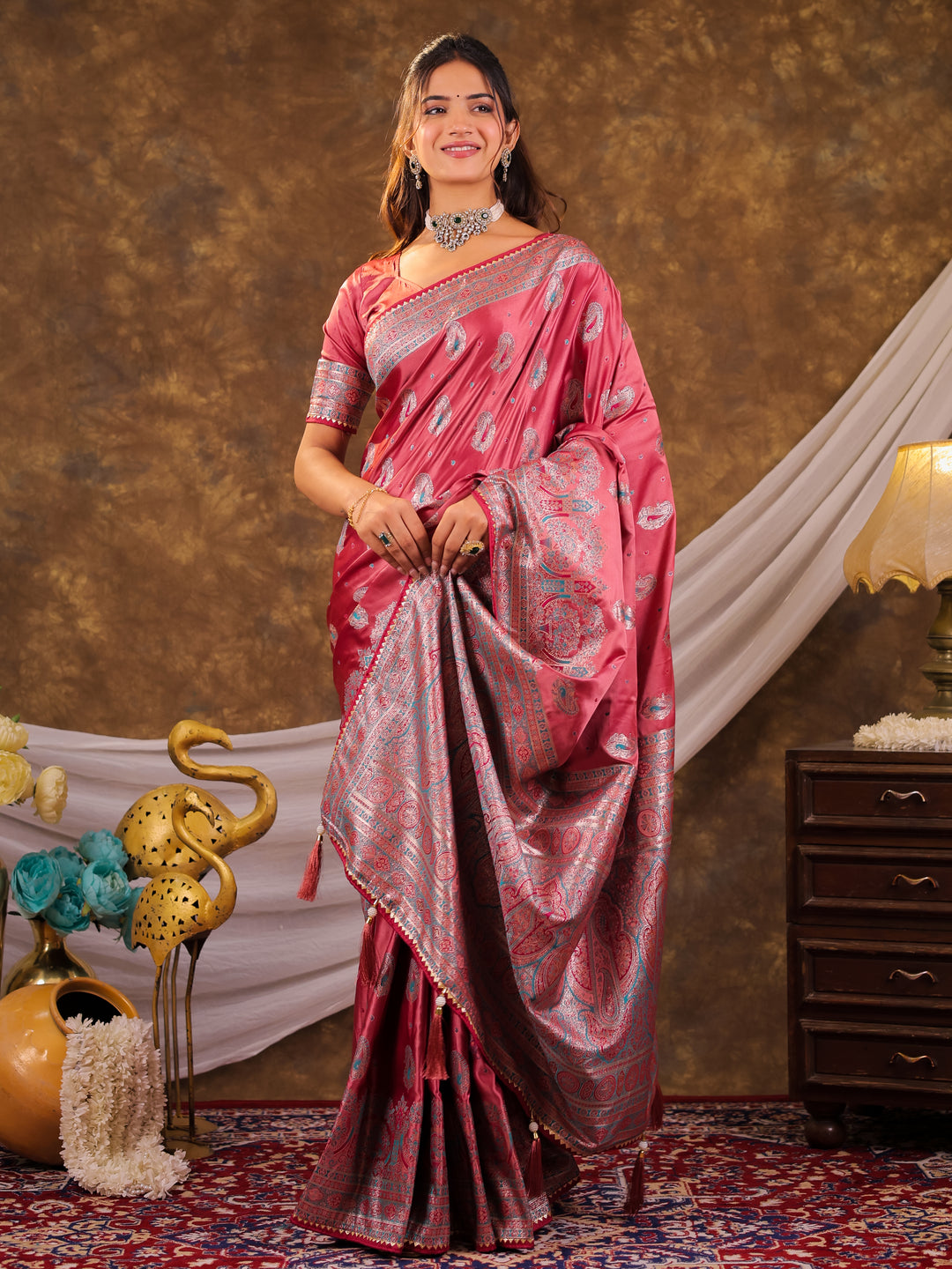 Rose Pink Kanjivaram Banarasi Satin Silk Saree with Antique Silver Zari Weaving, Heritage Pallu & Tassel Detailing