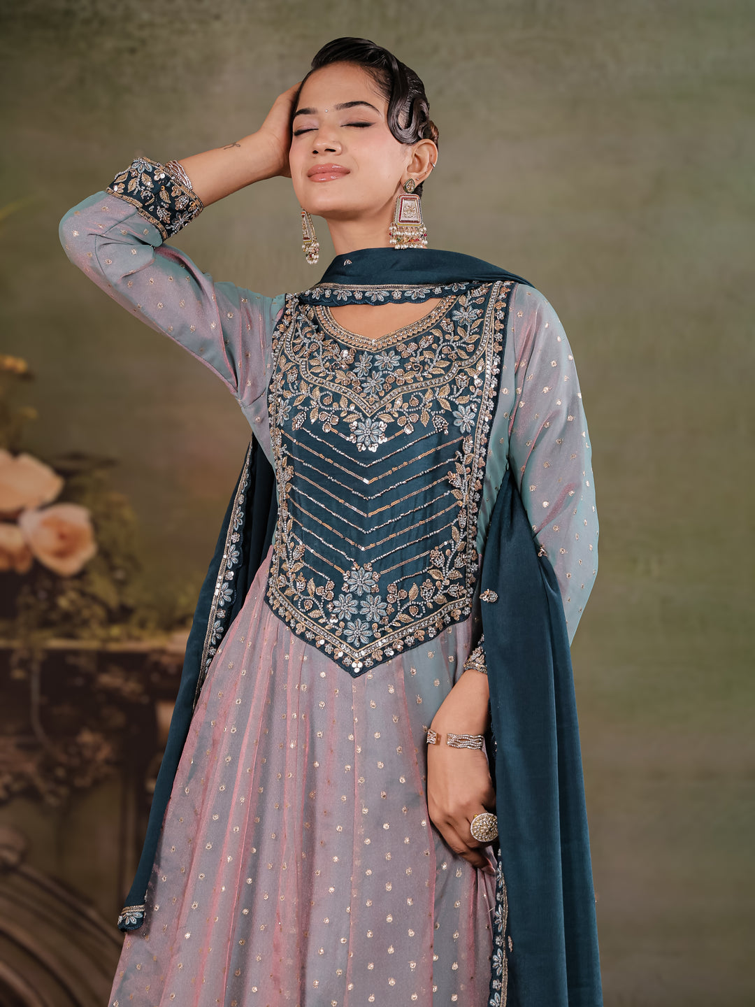 Dusty Lavender & Teal Blue Embroidered Anarkali Suit Set with Matching Dupatta