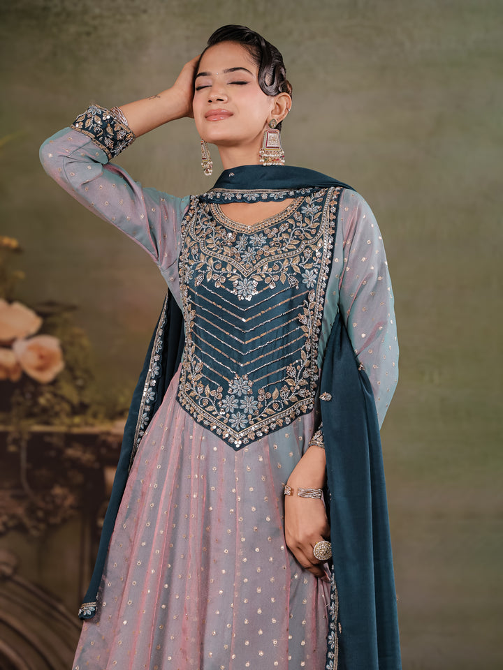 Dusty Lavender & Teal Blue Embroidered Anarkali Suit Set with Matching Dupatta