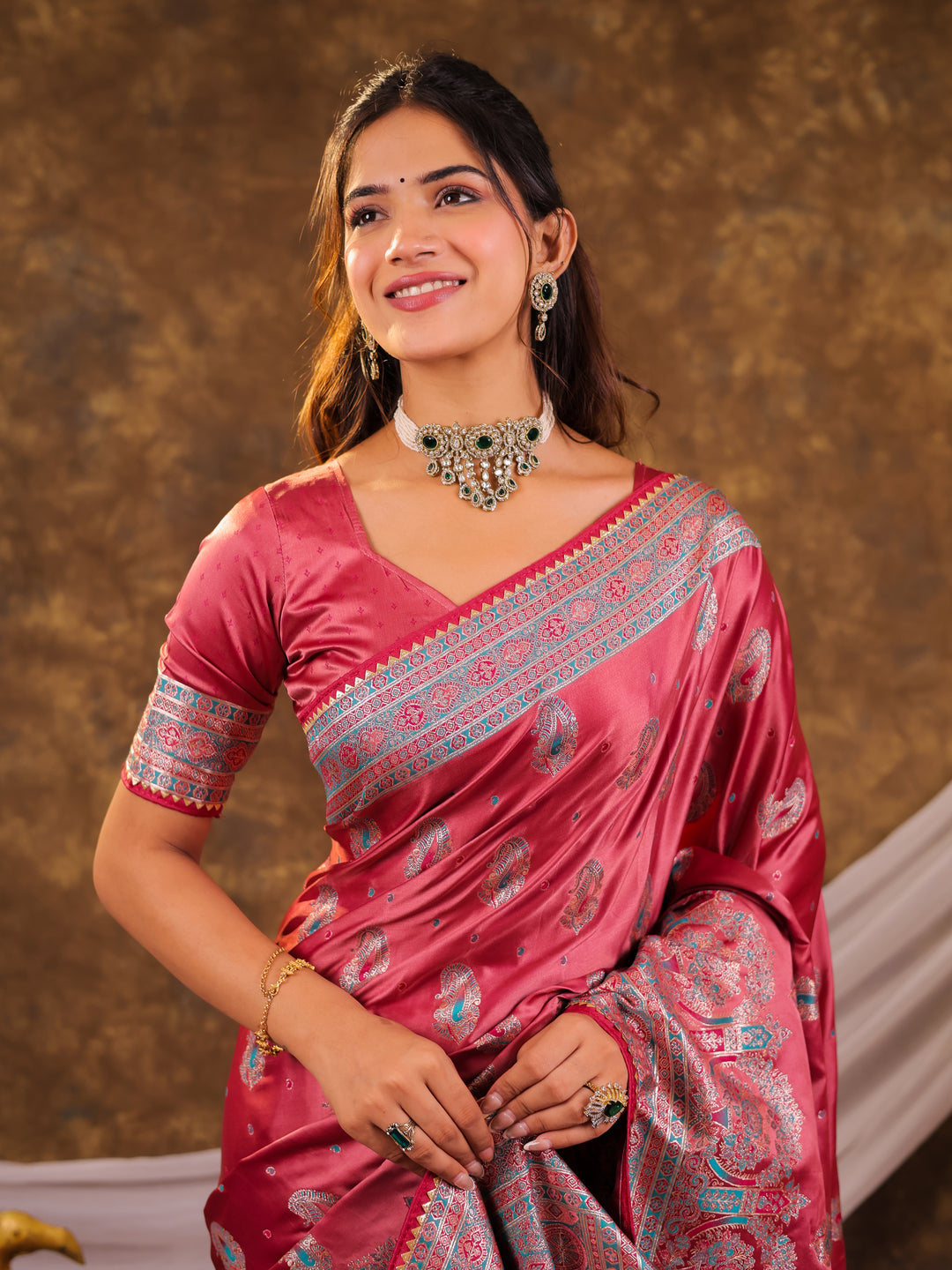 Rose Pink Kanjivaram Banarasi Satin Silk Saree with Antique Silver Zari Weaving, Heritage Pallu & Tassel Detailing
