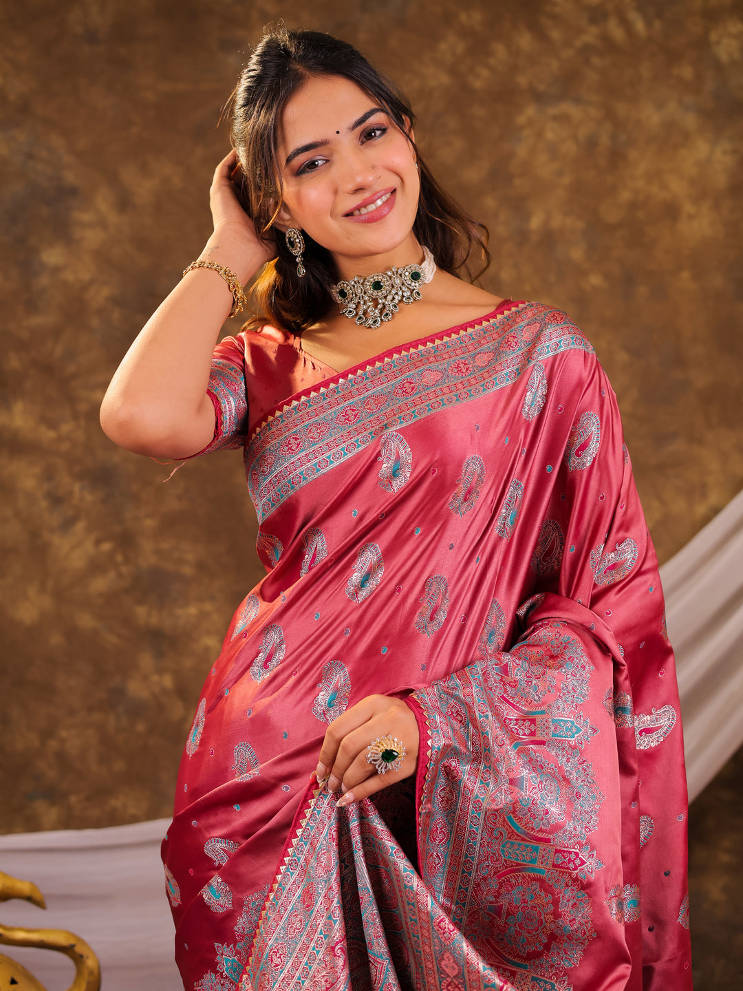 Rose Pink Kanjivaram Banarasi Satin Silk Saree with Antique Silver Zari Weaving, Heritage Pallu & Tassel Detailing