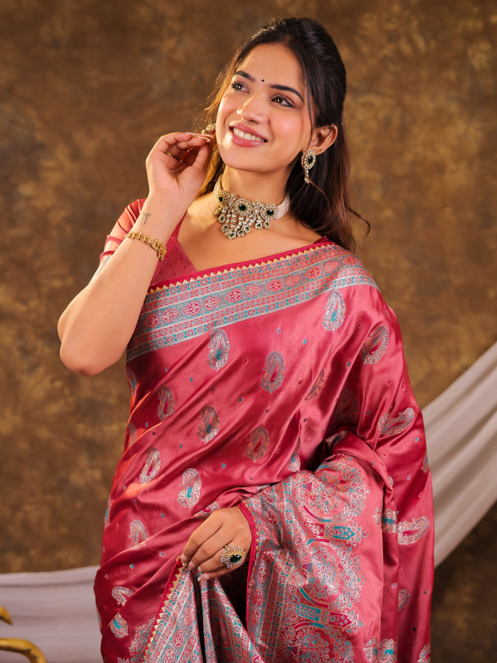 Rose Pink Kanjivaram Banarasi Satin Silk Saree with Antique Silver Zari Weaving, Heritage Pallu & Tassel Detailing