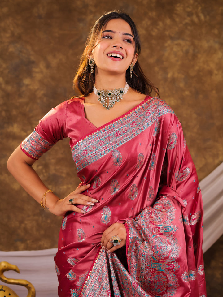 Rose Pink Kanjivaram Banarasi Satin Silk Saree with Antique Silver Zari Weaving, Heritage Pallu & Tassel Detailing