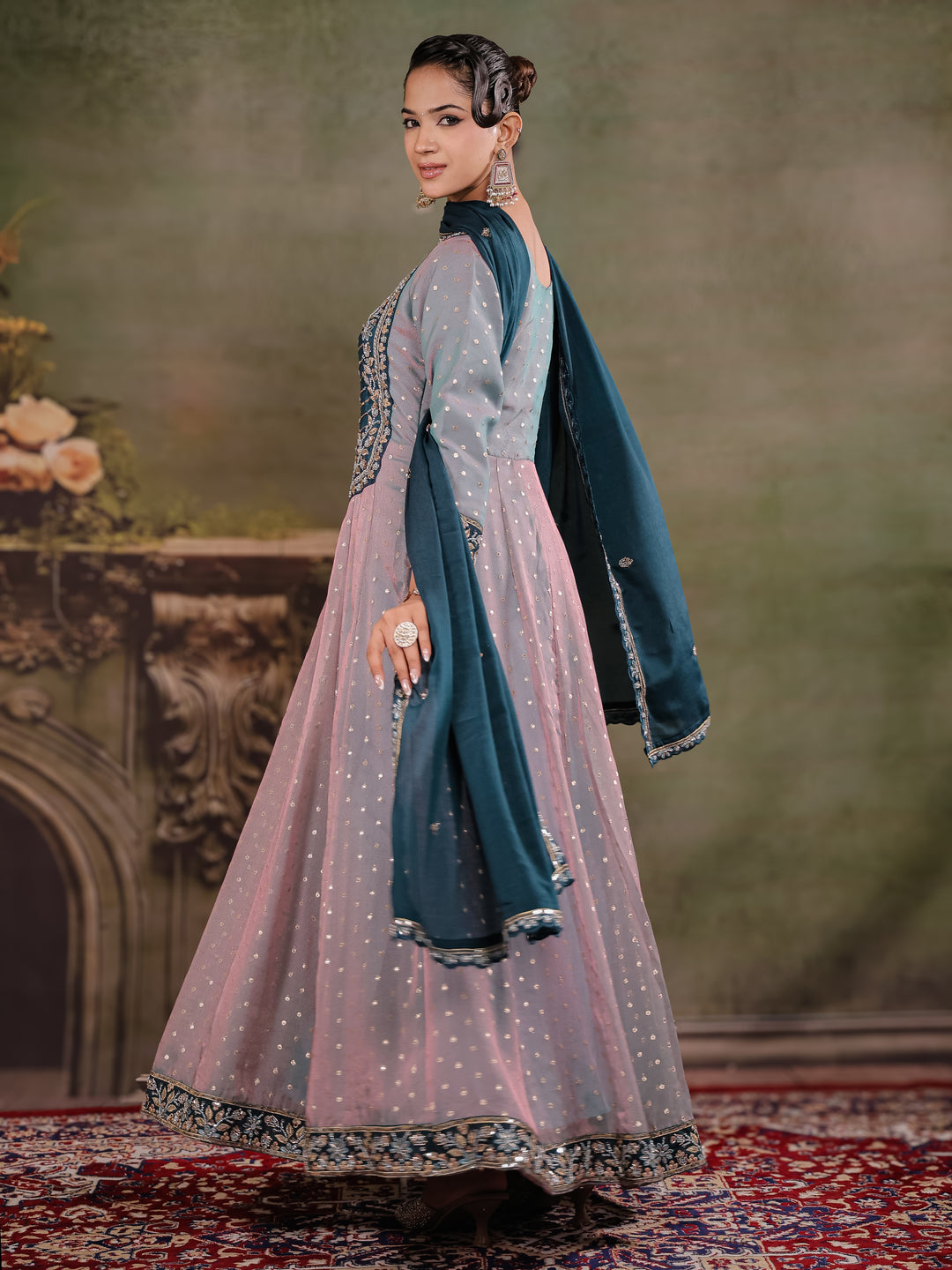Dusty Lavender & Teal Blue Embroidered Anarkali Suit Set with Matching Dupatta
