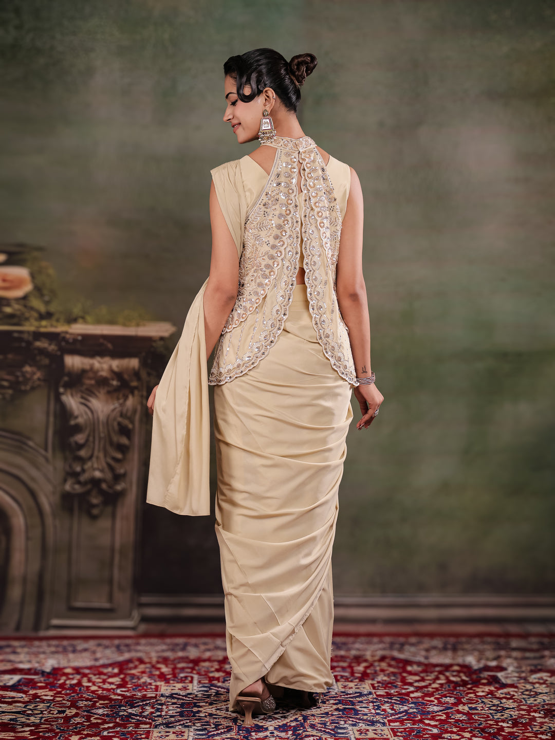 Champagne Beige Designer Ready-to-Wear Saree with Embroidered Jacket & Sequined Blouse