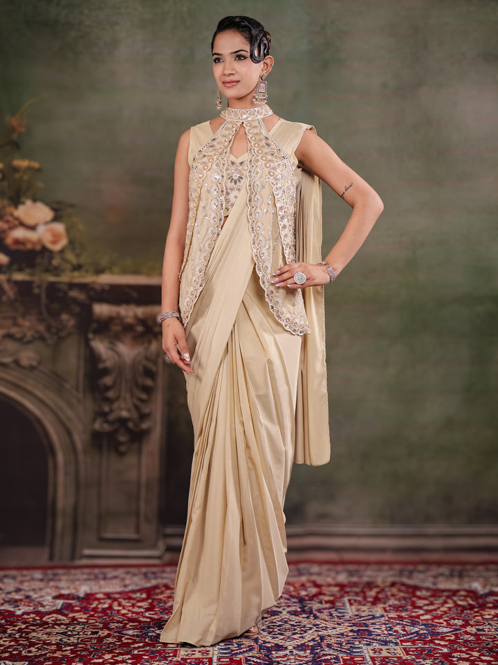Champagne Beige Designer Ready-to-Wear Saree with Embroidered Jacket & Sequined Blouse