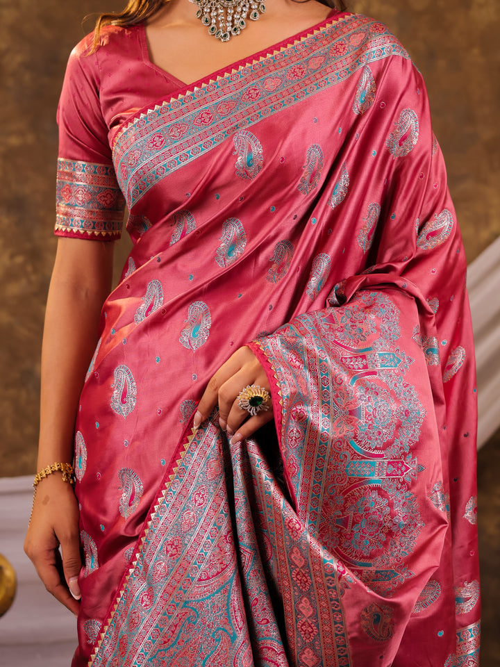 Rose Pink Kanjivaram Banarasi Satin Silk Saree with Antique Silver Zari Weaving, Heritage Pallu & Tassel Detailing