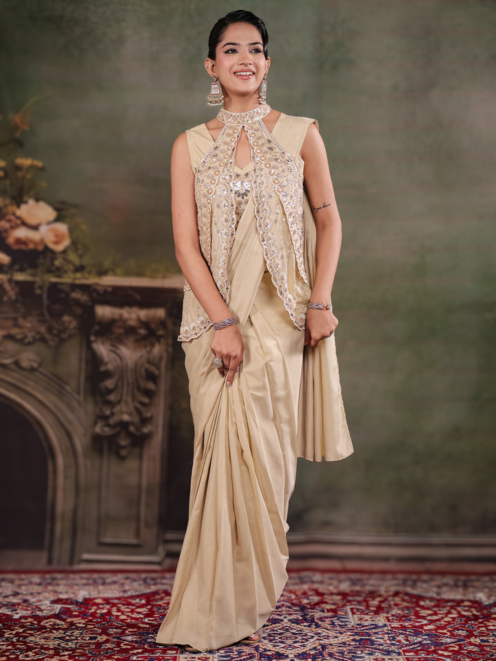 Champagne Beige Designer Ready-to-Wear Saree with Embroidered Jacket & Sequined Blouse