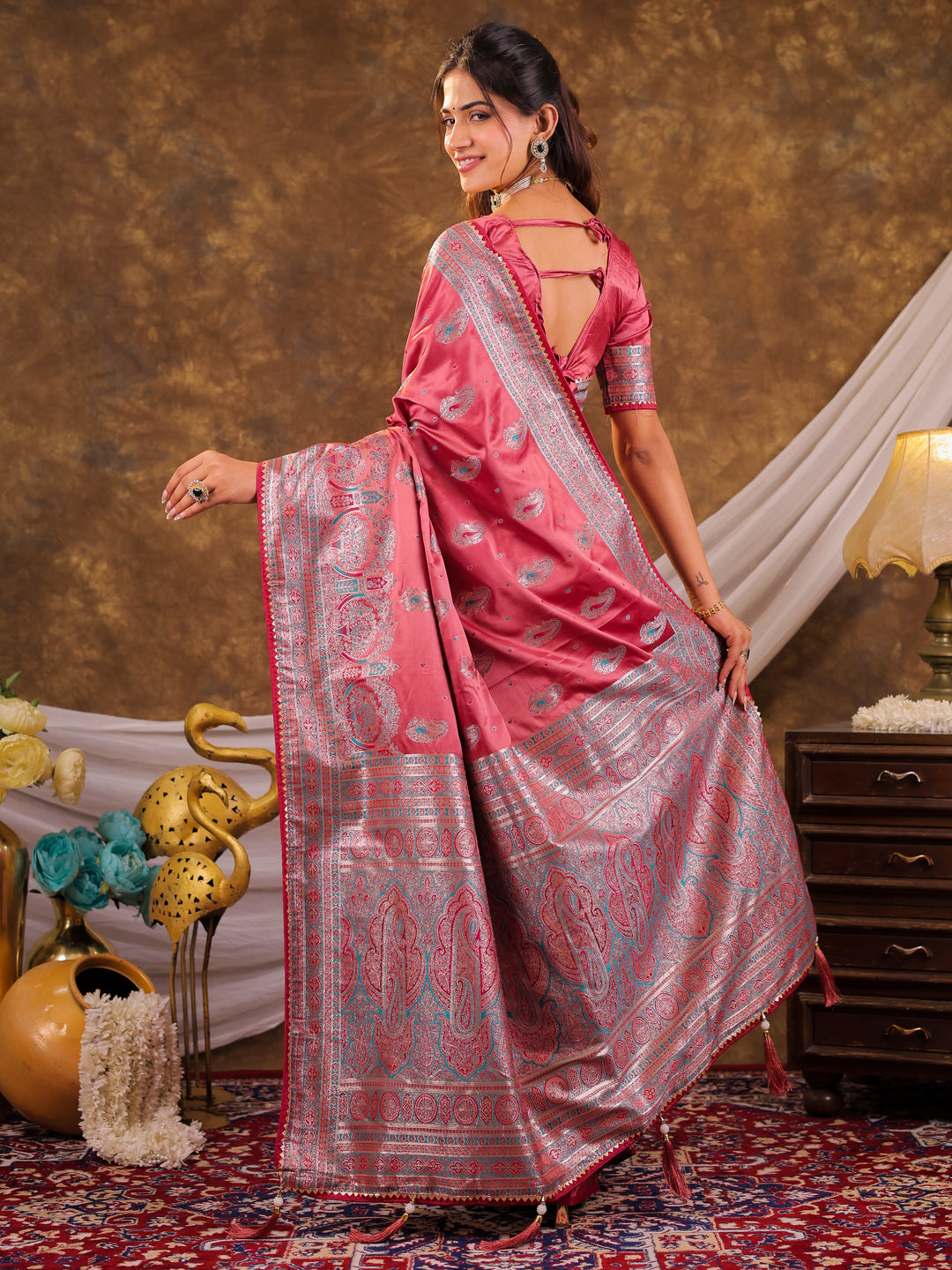 Rose Pink Kanjivaram Banarasi Satin Silk Saree with Antique Silver Zari Weaving, Heritage Pallu & Tassel Detailing