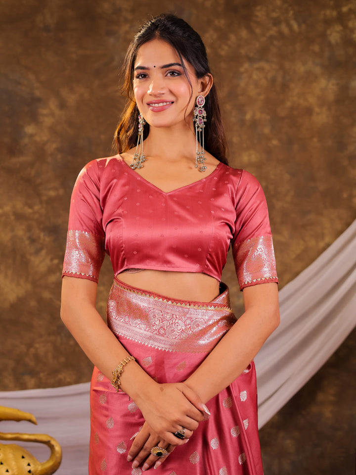 Rose Pink Kanjivaram Banarasi Satin Silk Saree with Antique Silver Zari Weaving, Rich Heritage Pallu & Tassel Detailing