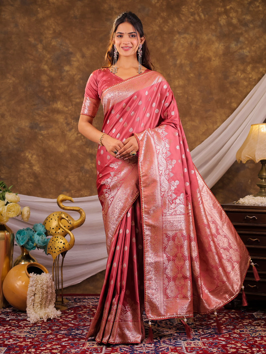 Rose Pink Kanjivaram Banarasi Satin Silk Saree with Antique Silver Zari Weaving, Rich Heritage Pallu & Tassel Detailing
