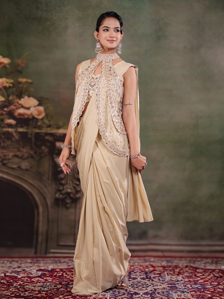 Champagne Beige Designer Ready-to-Wear Saree with Embroidered Jacket & Sequined Blouse