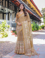 Mustard Brown Pure Handloom Cotton Saree with Village Life Digital Print & Contrast Pallu