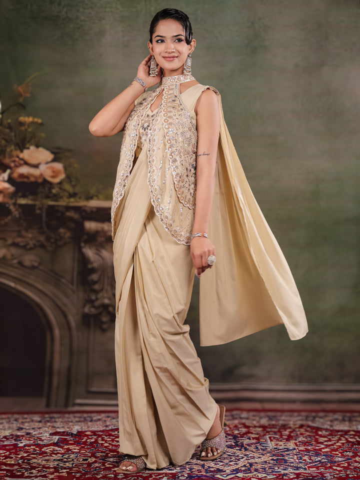 Champagne Beige Designer Ready-to-Wear Saree with Embroidered Jacket & Sequined Blouse
