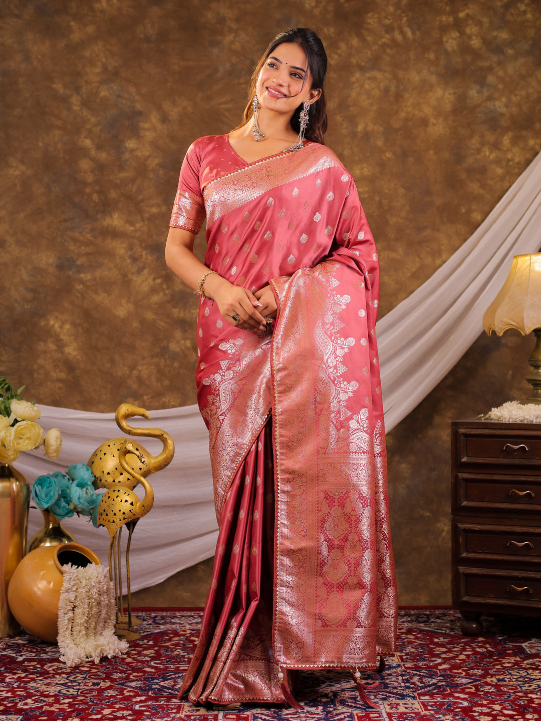 Rose Pink Kanjivaram Banarasi Satin Silk Saree with Antique Silver Zari Weaving, Rich Heritage Pallu & Tassel Detailing