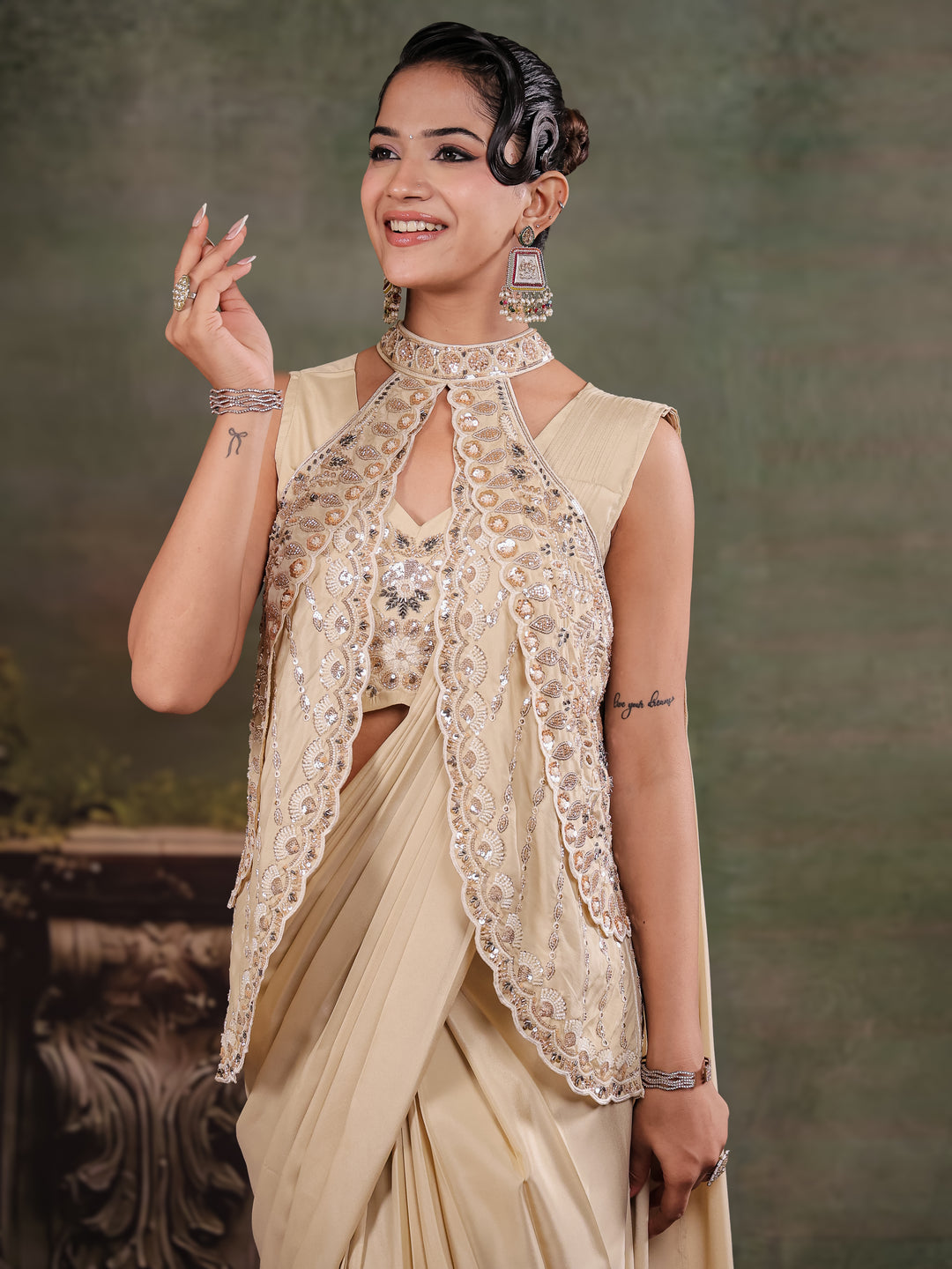 Champagne Beige Designer Ready-to-Wear Saree with Embroidered Jacket & Sequined Blouse