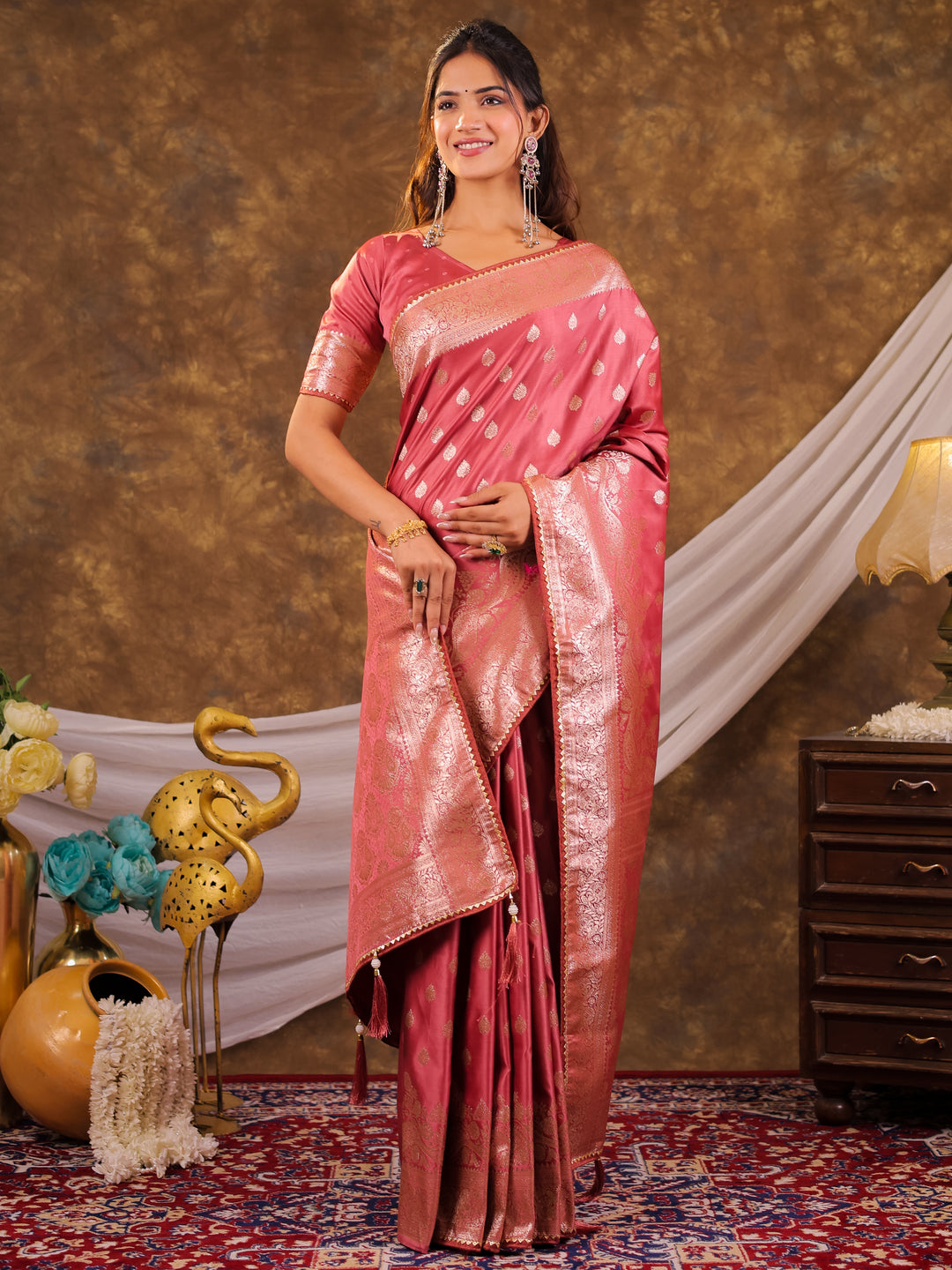 Rose Pink Kanjivaram Banarasi Satin Silk Saree with Antique Silver Zari Weaving, Rich Heritage Pallu & Tassel Detailing
