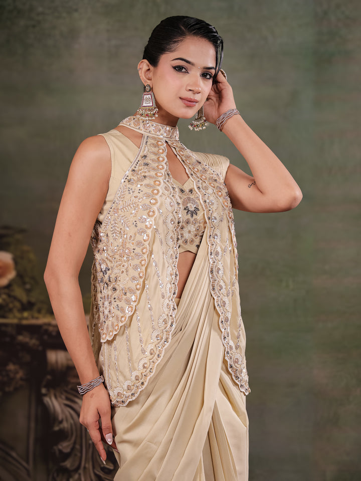 Champagne Beige Designer Ready-to-Wear Saree with Embroidered Jacket & Sequined Blouse