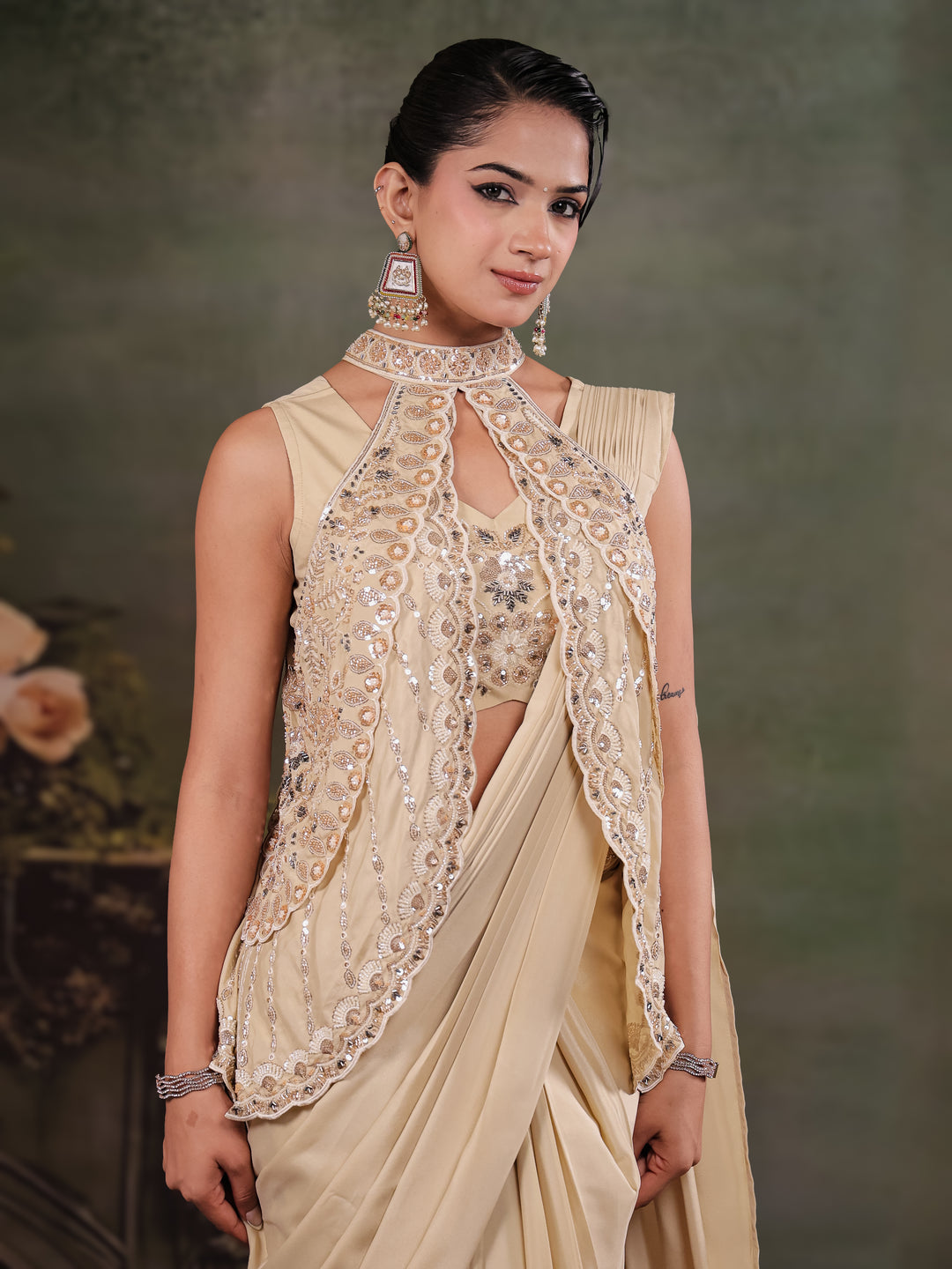 Champagne Beige Designer Ready-to-Wear Saree with Embroidered Jacket & Sequined Blouse