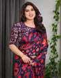 Navy Blue Abstract Floral & Polka Print Satin Georgette Saree with Red Brushstroke Motifs & Designer Attached Blouse