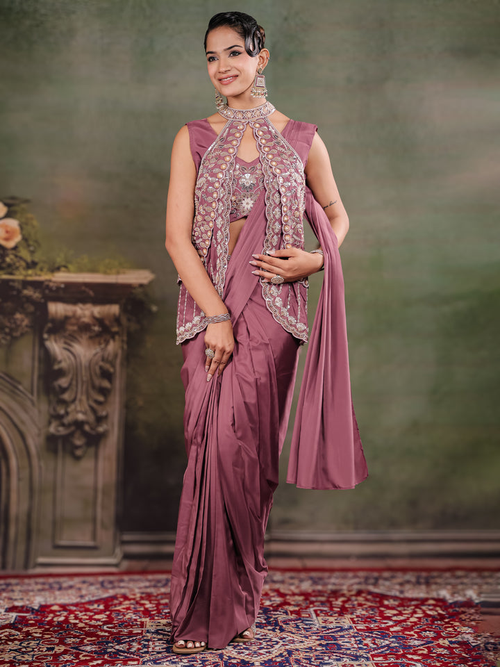 Dusty Mauve Designer Ready-to-Wear Saree with Embroidered Jacket & Sequined Blouse