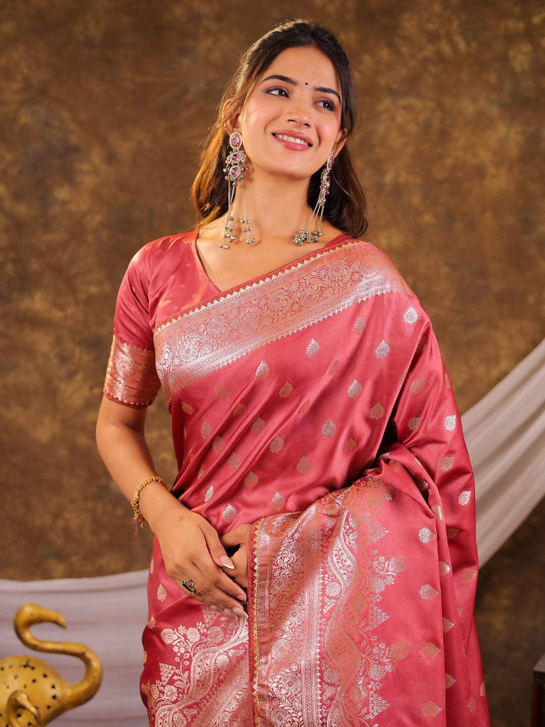 Rose Pink Kanjivaram Banarasi Satin Silk Saree with Antique Silver Zari Weaving, Rich Heritage Pallu & Tassel Detailing