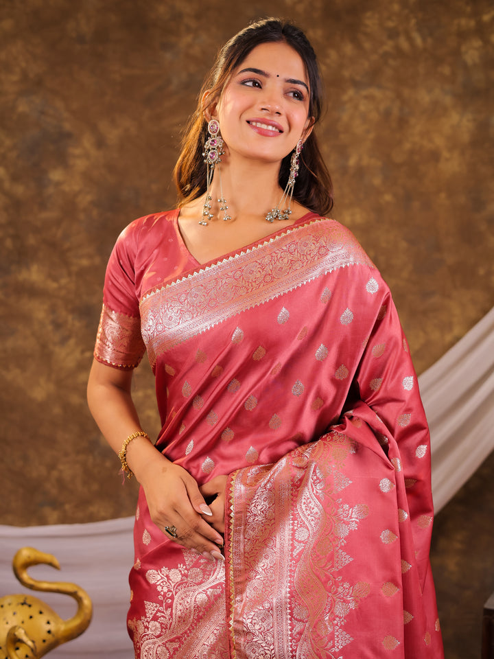 Rose Pink Kanjivaram Banarasi Satin Silk Saree with Antique Silver Zari Weaving, Rich Heritage Pallu & Tassel Detailing
